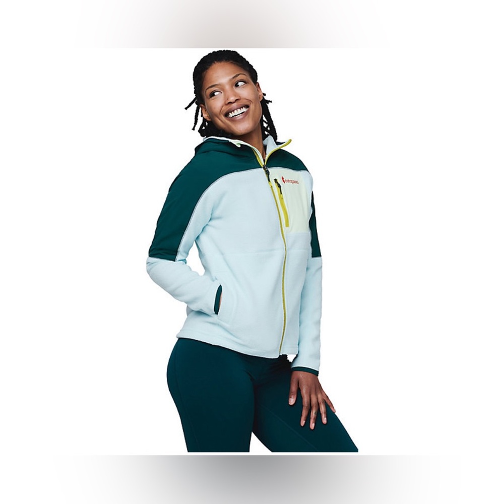 cotopaxi Light Blue and Dark Teal Fleece Jacket with Lime Accents
